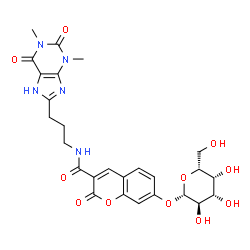 ChemSpider 2D Image | N-[3-(1,3-Dimethyl-2,6-dioxo-2,3,6,7-tetrahydro-1H-purin-8-yl)propyl]-7-(beta-D-galactopyranosyloxy)-2-oxo-2H-chromene-3-carboxamide | C26H29N5O11