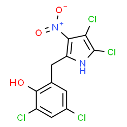ChemSpider 2D Image | 2,4-Dichloro-6-[(4,5-dichloro-3-nitro-1H-pyrrol-2-yl)methyl]phenol | C11H6Cl4N2O3