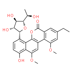 ChemSpider 2D Image | 6H-Benzo(d)naphtho(1,2-b)pyran-6-one, 4-(6-deoxy-alpha-galactofuranosyl)-8-ethyl-1-hydroxy-10,12-dimethoxy- | C27H28O9