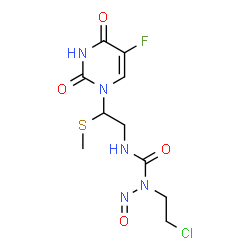ChemSpider 2D Image | 1-(2-Chloroethyl)-3-[2-(5-fluoro-2,4-dioxo-3,4-dihydro-1(2H)-pyrimidinyl)-2-(methylsulfanyl)ethyl]-1-nitrosourea | C10H13ClFN5O4S
