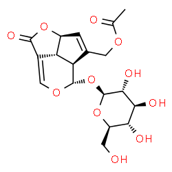 ChemSpider 2D Image | [(2aS,4aS,5S,7bR)-5-(beta-D-Glucopyranosyloxy)-1-oxo-2a,4a,5,7b-tetrahydro-1H-2,6-dioxacyclopenta[cd]inden-4-yl]methyl acetate | C18H22O11
