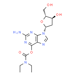 ChemSpider 2D Image | 9-(2-Deoxy-beta-D-erythro-pentofuranosyl)-6-[(diethylcarbamoyl)oxy]-9H-purin-2-amine | C15H22N6O5