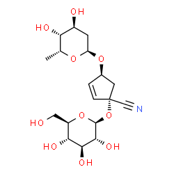 ChemSpider 2D Image | (1S,4S)-4-[(2,6-Dideoxy-alpha-D-xylo-hexopyranosyl)oxy]-1-(beta-D-glucopyranosyloxy)-2-cyclopentene-1-carbonitrile | C18H27NO10
