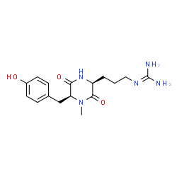 ChemSpider 2D Image | 2-{3-[(2S,5S)-5-(4-Hydroxybenzyl)-4-methyl-3,6-dioxo-2-piperazinyl]propyl}guanidine | C16H23N5O3