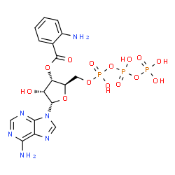 ChemSpider 2D Image | 9-[3-O-(2-Aminobenzoyl)-5-O-(hydroxy{[hydroxy(phosphonooxy)phosphoryl]oxy}phosphoryl)-alpha-D-ribofuranosyl]-9H-purin-6-amine | C17H21N6O14P3