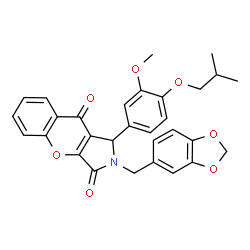 ChemSpider 2D Image | 2-(1,3-Benzodioxol-5-ylmethyl)-1-(4-isobutoxy-3-methoxyphenyl)-1,2-dihydrochromeno[2,3-c]pyrrole-3,9-dione | C30H27NO7