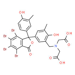 ChemSpider 2D Image | 2,2'-({2-Hydroxy-3-methyl-5-[4,5,6,7-tetrabromo-1-(4-hydroxy-3-methylphenyl)-3-oxo-1,3-dihydro-2-benzofuran-1-yl]benzyl}imino)diacetic acid | C27H21Br4NO8