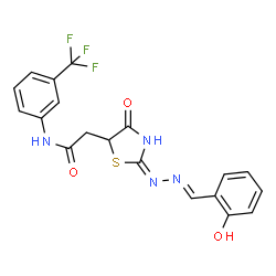 ChemSpider 2D Image | 2-{(2E)-2-[(2E)-(2-Hydroxybenzylidene)hydrazono]-4-oxo-1,3-thiazolidin-5-yl}-N-[3-(trifluoromethyl)phenyl]acetamide | C19H15F3N4O3S