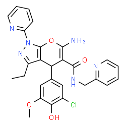 ChemSpider 2D Image | 6-Amino-4-(3-chloro-4-hydroxy-5-methoxyphenyl)-3-ethyl-1-(2-pyridinyl)-N-(2-pyridinylmethyl)-1,4-dihydropyrano[2,3-c]pyrazole-5-carboxamide | C27H25ClN6O4
