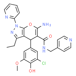 ChemSpider 2D Image | 6-Amino-4-(3-chloro-4-hydroxy-5-methoxyphenyl)-3-ethyl-1-(2-pyridinyl)-N-(4-pyridinylmethyl)-1,4-dihydropyrano[2,3-c]pyrazole-5-carboxamide | C27H25ClN6O4