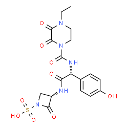 ChemSpider 2D Image | (3S)-3-{[(2R)-2-{[(4-Ethyl-2,3-dioxo-1-piperazinyl)carbonyl]amino}-2-(4-hydroxyphenyl)acetyl]amino}-2-oxo-1-azetidinesulfonic acid | C18H21N5O9S