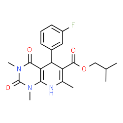 ChemSpider 2D Image | Isobutyl 5-(3-fluorophenyl)-1,3,7-trimethyl-2,4-dioxo-1,2,3,4,5,8-hexahydropyrido[2,3-d]pyrimidine-6-carboxylate | C21H24FN3O4