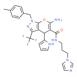 ChemSpider 2D Image | 6-Amino-N-[3-(1H-imidazol-1-yl)propyl]-1-(4-methylbenzyl)-4-(1H-pyrrol-2-yl)-3-(trifluoromethyl)-1,4-dihydropyrano[2,3-c]pyrazole-5-carboxamide | C26H26F3N7O2