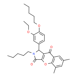 ChemSpider 2D Image | 1-[3-Ethoxy-4-(pentyloxy)phenyl]-5,7-dimethyl-2-pentyl-1,2-dihydrochromeno[2,3-c]pyrrole-3,9-dione | C31H39NO5