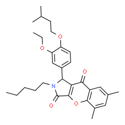 ChemSpider 2D Image | 1-[3-Ethoxy-4-(3-methylbutoxy)phenyl]-5,7-dimethyl-2-pentyl-1,2-dihydrochromeno[2,3-c]pyrrole-3,9-dione | C31H39NO5