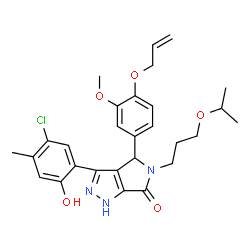 ChemSpider 2D Image | 4-[4-(Allyloxy)-3-methoxyphenyl]-3-(5-chloro-2-hydroxy-4-methylphenyl)-5-(3-isopropoxypropyl)-4,5-dihydropyrrolo[3,4-c]pyrazol-6(1H)-one | C28H32ClN3O5