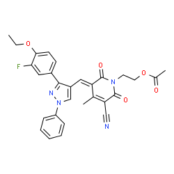 ChemSpider 2D Image | 2-[(3E)-5-Cyano-3-{[3-(4-ethoxy-3-fluorophenyl)-1-phenyl-1H-pyrazol-4-yl]methylene}-4-methyl-2,6-dioxo-3,6-dihydro-1(2H)-pyridinyl]ethyl acetate | C29H25FN4O5