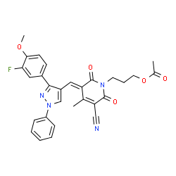 ChemSpider 2D Image | 3-[(3E)-5-Cyano-3-{[3-(3-fluoro-4-methoxyphenyl)-1-phenyl-1H-pyrazol-4-yl]methylene}-4-methyl-2,6-dioxo-3,6-dihydro-1(2H)-pyridinyl]propyl acetate | C29H25FN4O5