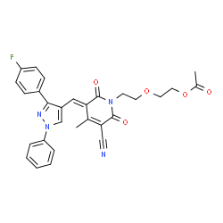 ChemSpider 2D Image | 2-{2-[(3E)-5-Cyano-3-{[3-(4-fluorophenyl)-1-phenyl-1H-pyrazol-4-yl]methylene}-4-methyl-2,6-dioxo-3,6-dihydro-1(2H)-pyridinyl]ethoxy}ethyl acetate | C29H25FN4O5