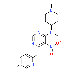 ChemSpider 2D Image | N'-(5-Bromopyridin-2-yl)-N-methyl-N-(1-methylpiperidin-4-yl)-5-nitropyrimidine-4,6-diamine | C16H20BrN7O2