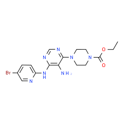 ChemSpider 2D Image | Ethyl 4-{5-amino-6-[(5-bromopyridin-2-yl)amino]pyrimidin-4-yl}piperazine-1-carboxylate | C16H20BrN7O2