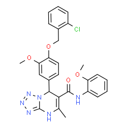 ChemSpider 2D Image | 7-{4-[(2-Chlorobenzyl)oxy]-3-methoxyphenyl}-N-(2-methoxyphenyl)-5-methyl-1,7-dihydrotetrazolo[1,5-a]pyrimidine-6-carboxamide | C27H25ClN6O4