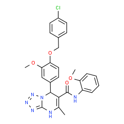 ChemSpider 2D Image | 7-{4-[(4-Chlorobenzyl)oxy]-3-methoxyphenyl}-N-(2-methoxyphenyl)-5-methyl-1,7-dihydrotetrazolo[1,5-a]pyrimidine-6-carboxamide | C27H25ClN6O4