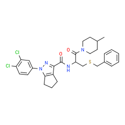 ChemSpider 2D Image | N-[3-(Benzylsulfanyl)-1-(4-methyl-1-piperidinyl)-1-oxo-2-propanyl]-1-(3,4-dichlorophenyl)-1,4,5,6-tetrahydrocyclopenta[c]pyrazole-3-carboxamide | C29H32Cl2N4O2S