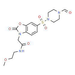 ChemSpider 2D Image | 2-{6-[(4-Formyl-1-piperazinyl)sulfonyl]-2-oxo-1,3-benzoxazol-3(2H)-yl}-N-(2-methoxyethyl)acetamide | C17H22N4O7S