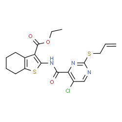 ChemSpider 2D Image | Ethyl 2-({[2-(allylsulfanyl)-5-chloro-4-pyrimidinyl]carbonyl}amino)-4,5,6,7-tetrahydro-1-benzothiophene-3-carboxylate | C19H20ClN3O3S2