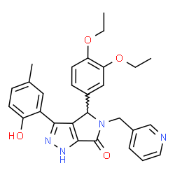 ChemSpider 2D Image | 4-(3,4-Diethoxyphenyl)-3-(2-hydroxy-5-methylphenyl)-5-(3-pyridinylmethyl)-4,5-dihydropyrrolo[3,4-c]pyrazol-6(1H)-one | C28H28N4O4