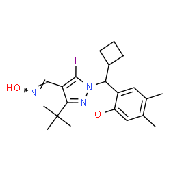 ChemSpider 2D Image | 2-(Cyclobutyl{4-[(E)-(hydroxyimino)methyl]-5-iodo-3-(2-methyl-2-propanyl)-1H-pyrazol-1-yl}methyl)-4,5-dimethylphenol | C21H28IN3O2