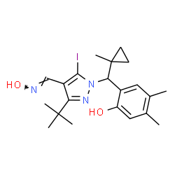 ChemSpider 2D Image | 2-[{4-[(E)-(Hydroxyimino)methyl]-5-iodo-3-(2-methyl-2-propanyl)-1H-pyrazol-1-yl}(1-methylcyclopropyl)methyl]-4,5-dimethylphenol | C21H28IN3O2
