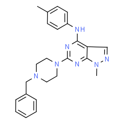 ChemSpider 2D Image | 6-(4-benzylpiperazin-1-yl)-1-methyl-N-(4-methylphenyl)pyrazolo[3,4-d]pyrimidin-4-amine | C24H27N7