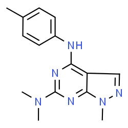 ChemSpider 2D Image | N~6~,N~6~,1-trimethyl-N~4~-(4-methylphenyl)-1H-pyrazolo[3,4-d]pyrimidine-4,6-diamine | C15H18N6