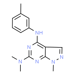 ChemSpider 2D Image | N~6~,N~6~,1-trimethyl-N~4~-(3-methylphenyl)-1H-pyrazolo[3,4-d]pyrimidine-4,6-diamine | C15H18N6