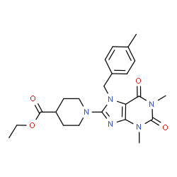ChemSpider 2D Image | ethyl 1-(1,3-dimethyl-7-(4-methylbenzyl)-2,6-dioxo-2,3,6,7-tetrahydro-1H-purin-8-yl)piperidine-4-carboxylate | C23H29N5O4