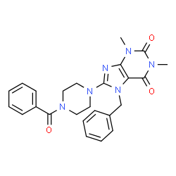 ChemSpider 2D Image | 8-(4-Benzoyl-1-piperazinyl)-7-benzyl-1,3-dimethyl-3,7-dihydro-1H-purine-2,6-dione | C25H26N6O3