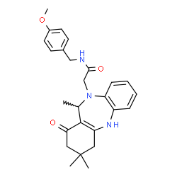 ChemSpider 2D Image | N-(4-Methoxybenzyl)-2-(3,3,11-trimethyl-1-oxo-1,2,3,4,5,11-hexahydro-10H-dibenzo[b,e][1,4]diazepin-10-yl)acetamide | C26H31N3O3