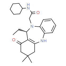 ChemSpider 2D Image | N-Cyclohexyl-2-(11-ethyl-3,3-dimethyl-1-oxo-1,2,3,4,5,11-hexahydro-10H-dibenzo[b,e][1,4]diazepin-10-yl)acetamide | C25H35N3O2