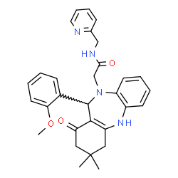 ChemSpider 2D Image | 2-[11-(2-Methoxyphenyl)-3,3-dimethyl-1-oxo-1,2,3,4,5,11-hexahydro-10H-dibenzo[b,e][1,4]diazepin-10-yl]-N-(2-pyridinylmethyl)acetamide | C30H32N4O3