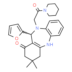 ChemSpider 2D Image | 11-(2-Furyl)-3,3-dimethyl-10-[2-oxo-2-(1-piperidinyl)ethyl]-2,3,4,5,10,11-hexahydro-1H-dibenzo[b,e][1,4]diazepin-1-one | C26H31N3O3