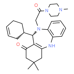 ChemSpider 2D Image | 11-(3-Cyclohexen-1-yl)-3,3-dimethyl-10-[2-(4-methyl-1-piperazinyl)-2-oxoethyl]-2,3,4,5,10,11-hexahydro-1H-dibenzo[b,e][1,4]diazepin-1-one | C28H38N4O2