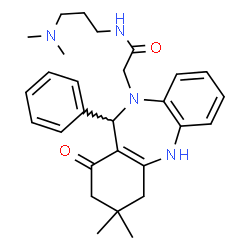 ChemSpider 2D Image | N-[3-(Dimethylamino)propyl]-2-(3,3-dimethyl-1-oxo-11-phenyl-1,2,3,4,5,11-hexahydro-10H-dibenzo[b,e][1,4]diazepin-10-yl)acetamide | C28H36N4O2