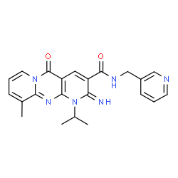 ChemSpider 2D Image | 2-Imino-1-isopropyl-10-methyl-5-oxo-N-(3-pyridinylmethyl)-1,5-dihydro-2H-dipyrido[1,2-a:2',3'-d]pyrimidine-3-carboxamide | C22H22N6O2