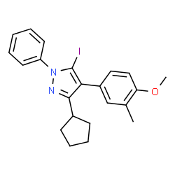 ChemSpider 2D Image | 3-Cyclopentyl-5-iodo-4-(4-methoxy-3-methylphenyl)-1-phenyl-1H-pyrazole | C22H23IN2O