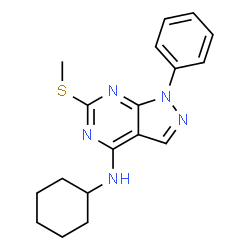 ChemSpider 2D Image | N-Cyclohexyl-6-(methylsulfanyl)-1-phenyl-1H-pyrazolo[3,4-d]pyrimidin-4-amine | C18H21N5S