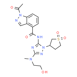 ChemSpider 2D Image | 1-Acetyl-N-{1-(1,1-dioxidotetrahydro-3-thiophenyl)-3-[(2-hydroxyethyl)(methyl)amino]-1H-1,2,4-triazol-5-yl}-1H-indazole-4-carboxamide | C19H23N7O5S