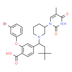 ChemSpider 2D Image | 2-(3-Bromophenoxy)-4-{3,3-dimethyl-1-[3-(5-methyl-2,4-dioxo-3,4-dihydro-1(2H)-pyrimidinyl)-1-piperidinyl]butyl}benzoic acid | C29H34BrN3O5