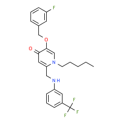 ChemSpider 2D Image | 5-[(3-Fluorobenzyl)oxy]-1-pentyl-2-({[3-(trifluoromethyl)phenyl]amino}methyl)-4(1H)-pyridinone | C25H26F4N2O2